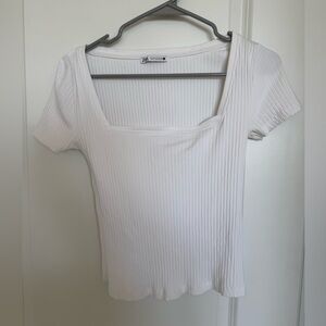 Zara White Ribbed Square Neck Top